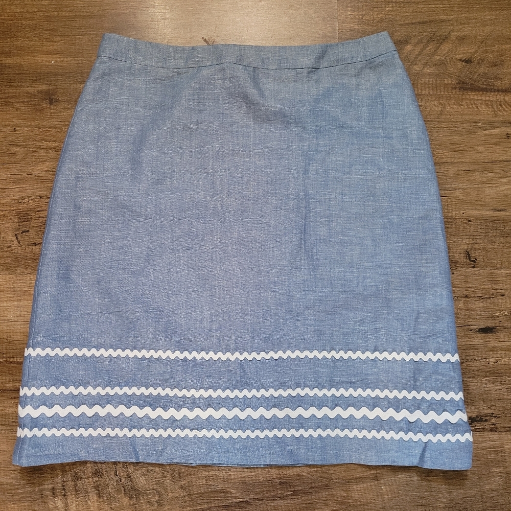 Ann Taylor Linen Blend Skirt Blue White Embroidered Straight Summer Beach Size 8